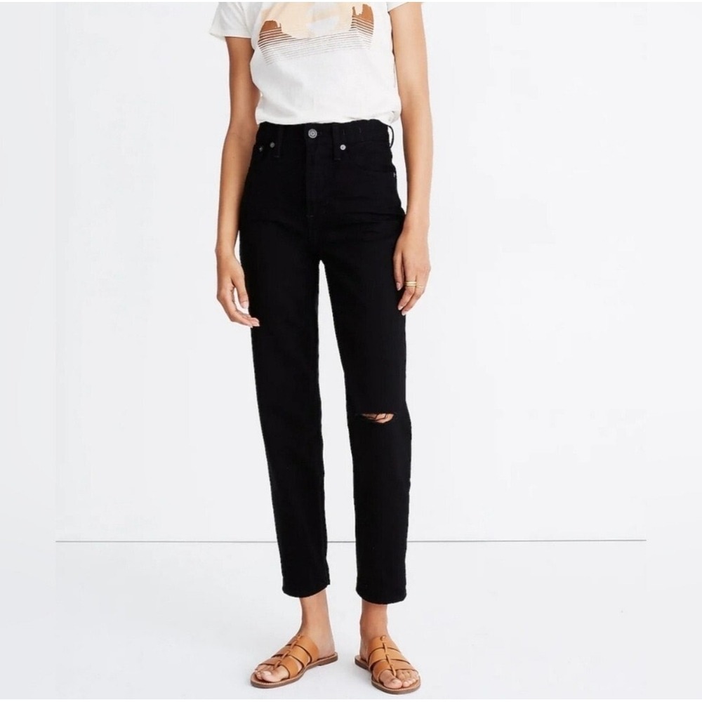 Madewell The Perfect Vintage Jean Womens 32 Black Knee-Slit Mom Jeans Stone Wash